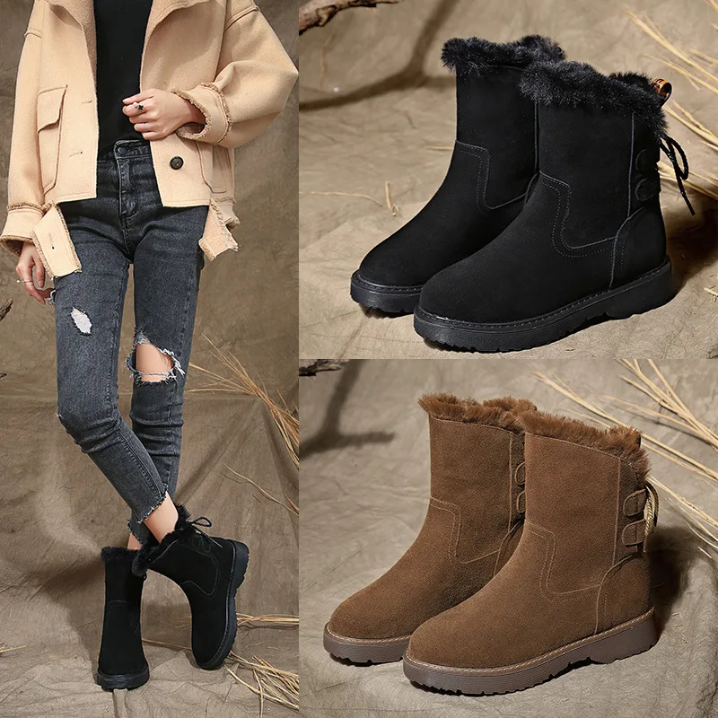 

Outdoor Snow Boots Women's Short 2019 New Winter Fashion Korean-style plus Velvet Warm Cotton Boots Slip-on Leather Short Boots