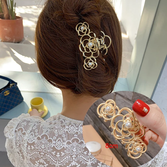 AWAYTR Rhinestone Metal Hair Claw Crab Clip For Women Girls Shiny Barrette Hairpin Crystal Pearl Hair Accessories Jewelry Gift SD0339A 8cm