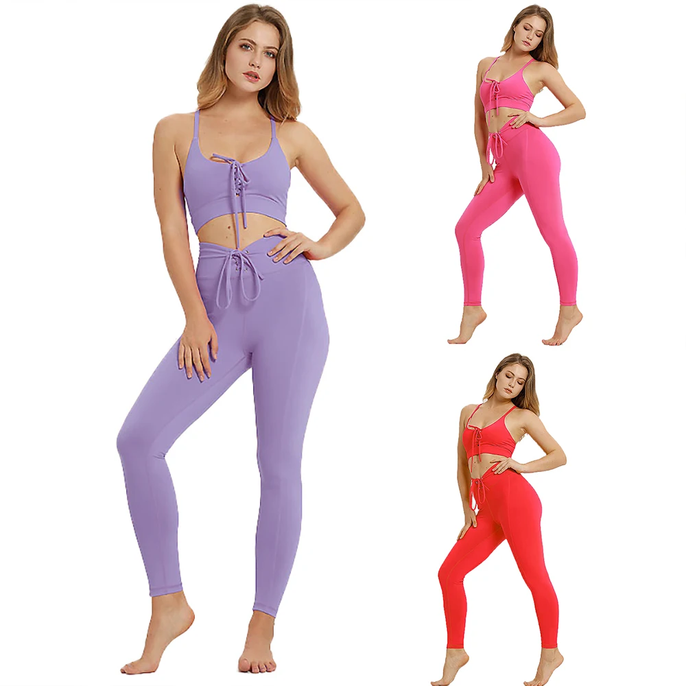 Belleziva женский дышащий Тонкий ремень Йога фитнес набор ropa conjunto deportiva mujer без рукавов Фиолетовый Красный Розовый Красный спортивный костюм