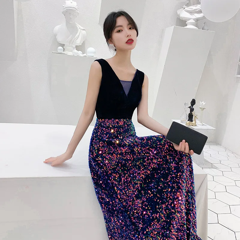 AE0115 wei yin Robe De Soiree новые сексуальные v-образным вырезом без рукавов трапециевидной формы с блестками Длинные элегантные вечерние платья Abendkleider