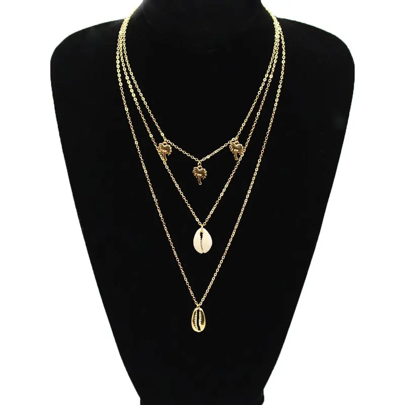 

Simple Bohemian Palm Tree Shell Necklace Pendants Women Multilayer Gold Silver Long Chain Necklaces