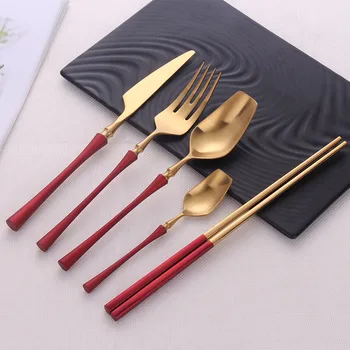 

High Grade Luxury Red Gold Stainless Steel Flatware Set Western Food Cutlery Knife Fork Spoon Set Dinnerware Tableware wedding