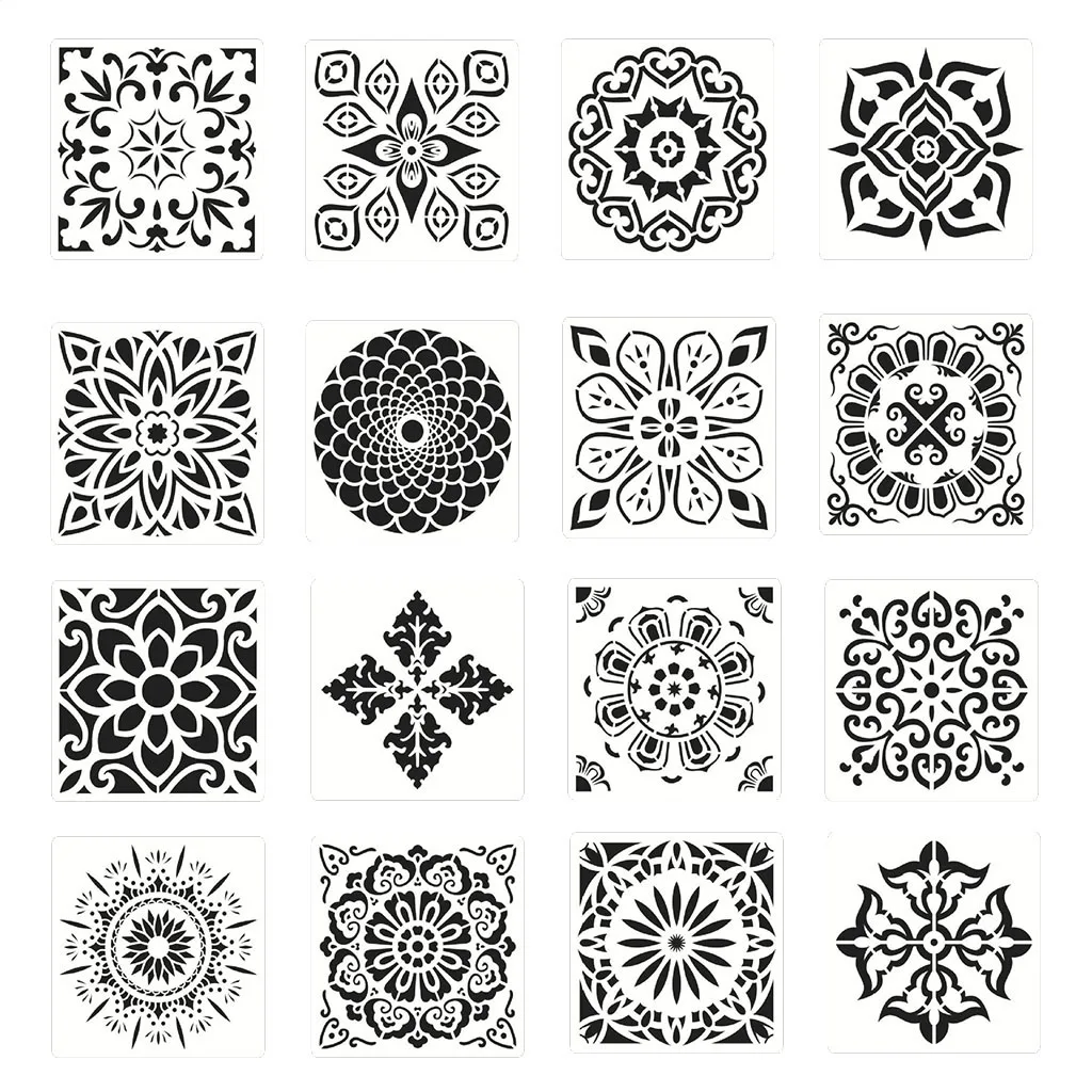 16x Mandala Stencil Template for Painting on Walls Furniture Crafts, DIY Craft Tool Reused PET Drawing Templates