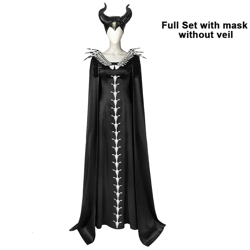 Maleficent Mistress Of Evil, костюм для косплея, платье, костюмы на Хэллоуин для женщин, для взрослых, ангел, головной убор, Роговая маска, Черное длинное платье - Цвет: without veil