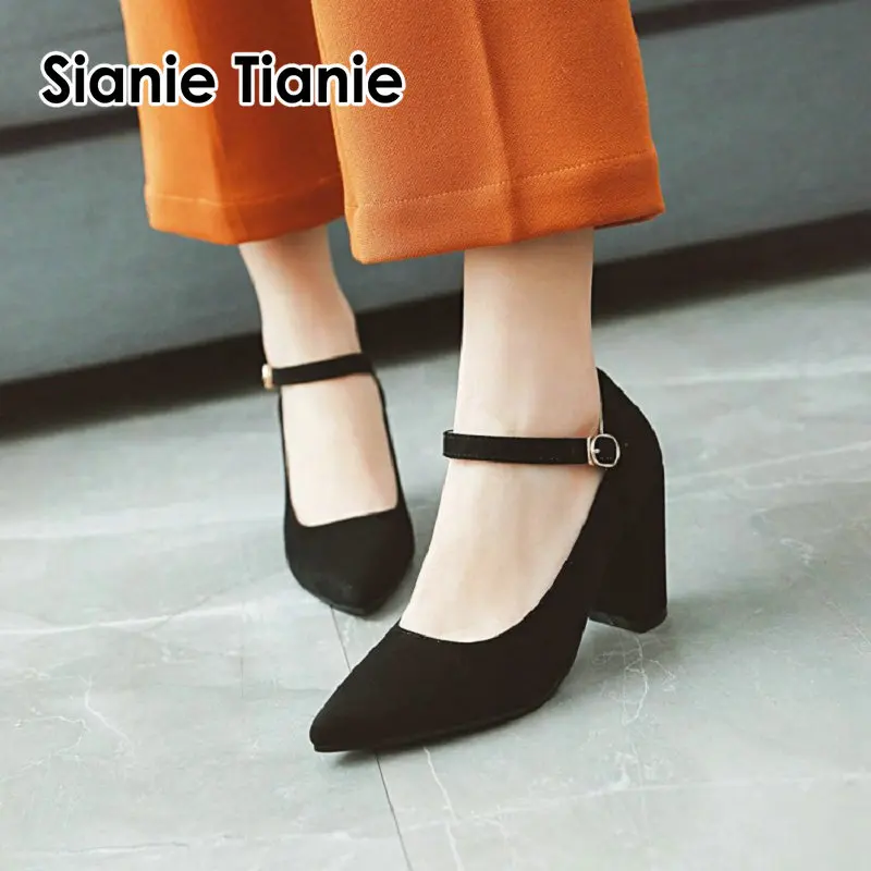 

Sianie Tianie 2020 summer spring flock pointed toe retro woman pumps bride block high heels luxury women shoes lady mary janes