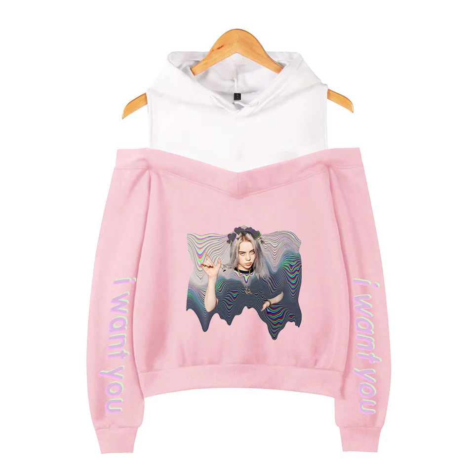 KPOP Billie Eilish розовые толстовки женские с длинным рукавом с открытыми плечами толстовки с капюшоном Harajuku спортивный костюм уличная хип-хоп одежда