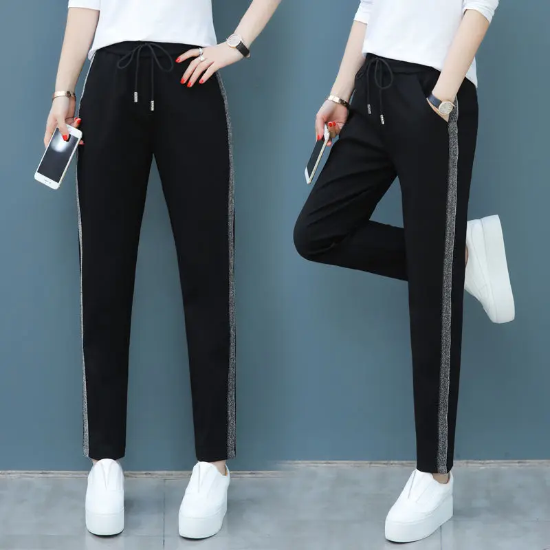 Casual Pants Women Harem Drawstring Side-stripe Trousers Simple Slim Loose  4XL Korean Style Trendy Black Womens All-match Teens