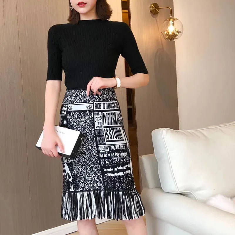 vintage winter elastic flexible high waist knee length fringed tassel warm thermal letter printed knitted skirt for women skirts