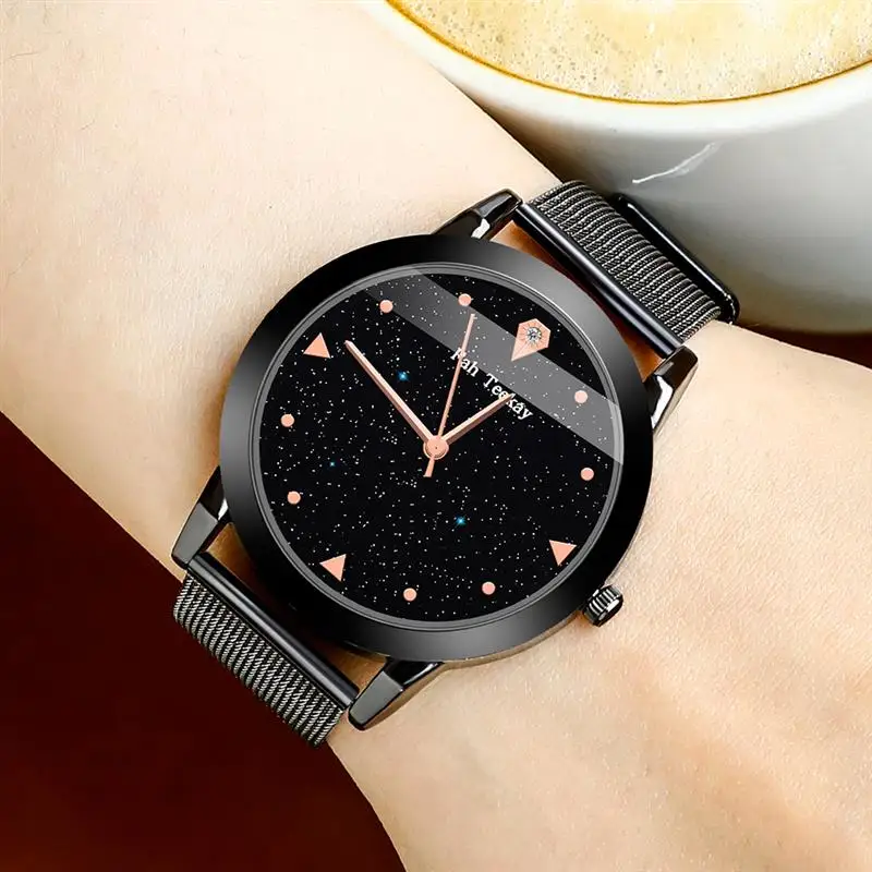2019 женские черные часы с сетчатым ремешком из нержавеющей стали наручные часы с блиллиантами женские модные деловые наручные часы под