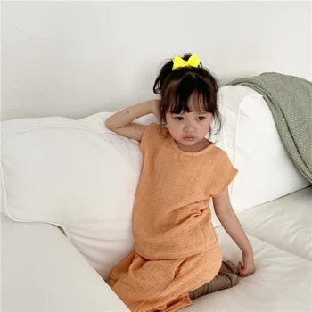 

2020 Summer Children Solid Color Short-Sleeved Tops with Long Pant Two Pieces Kits Boys and Girls Causal Clothing Suits