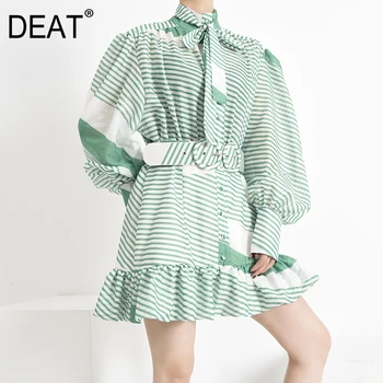 

DEAT 2020 new autumn and winter lantern sleeves green printed high waist mini length pullover turn-down collar dress WN39306L