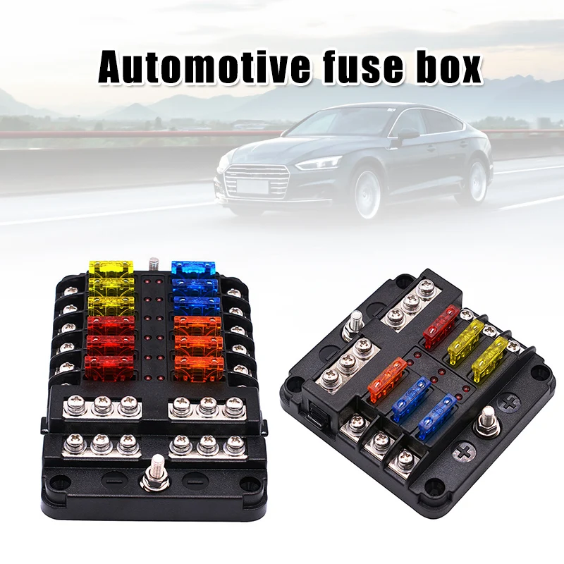 

12V 32V Plastic Cover Fuse Box Holder M5 12 Stud with LED Indicator Light 6/12 Ways Blades for Car V-Best