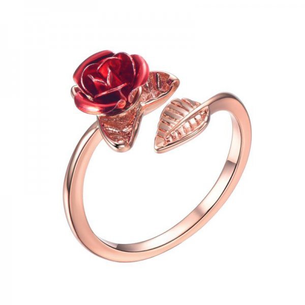 Rose Flower Leaves Opening Ring For Women Rhinestone Flowers Adjustable Finger Ring Valentine's Day Engagement Jewelry Gift