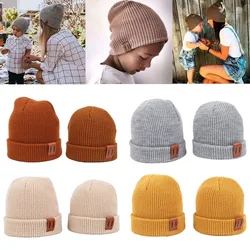 New Beanie Hat Adult Children Knitted Wool Hat Autumn and Winter Leather Label Solid Color Warm Baby Wild Parent-child Hat