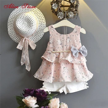 

Kids Clothes Summer Fashion Bow Pearl Chiffon Girls Clothing Sets Children's Sleeve Floewer Vest and Shorts 2 pcs Send Hat