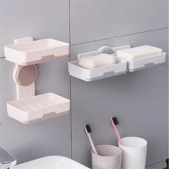 

New Bathroom Soap Boxes Double Layers Strong Sucker Soapbox Rotating Drain Stand Kitchen Tools Wall Zeep Shower Soap Rack Shelf