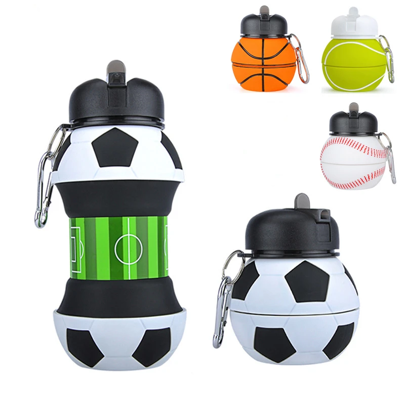 

550ml Foldable Football Sports Water Bottle Squeeze Water Bottle Children Leakproof Silicone Kettle Water Jug Cup with Straw