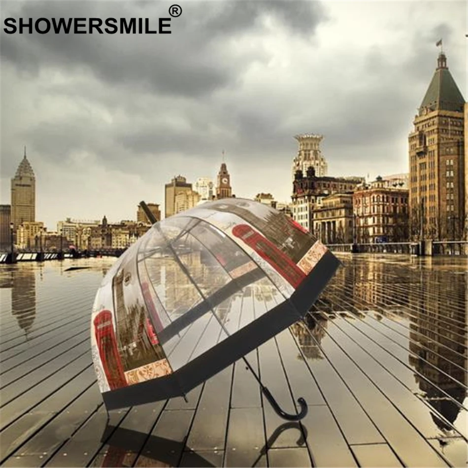 SHOWERSMILE прозрачный зонт автоматический женский клетка зонтики с длинной ручкой британская вывеска Лондонское здание дамы Apollo дождя Зонтик