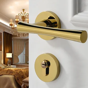 

Zinc Alloy Door Lever Light Luxury European American Modern Gold Solid Wood Interior Door Lock Bedroom Split Handle Knob