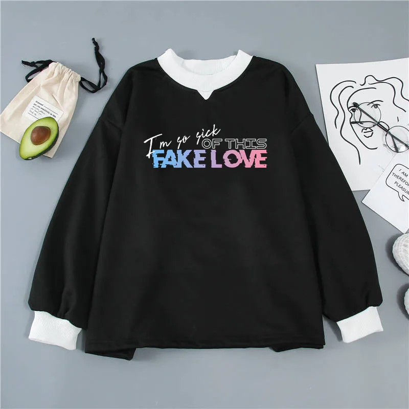 Kpop зимняя женская толстовка с буквенным принтом «Fake Love», толстовка с длинным рукавом, модная повседневная толстовка в стиле Харадзюку, уличная футболка Fe - Цвет: fake love 1
