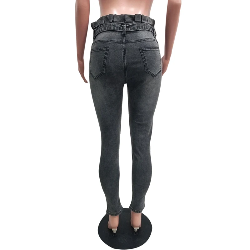 Women Slim Bow Tie Casual Solid High Waist Skinny Jeans Ladies Fashion Zipper Pockets All-match Streetwear Pencil Pants SJ4655U
