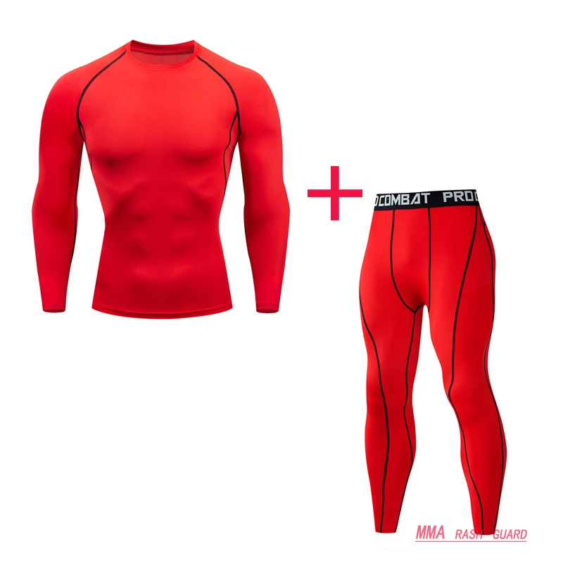 Мужская одежда компрессионная мужская термо рубашка Леггинсы Рашгард Комплект топ с длинными рукавами фитнес мужской спортивный костюм термобелье база - Цвет: red