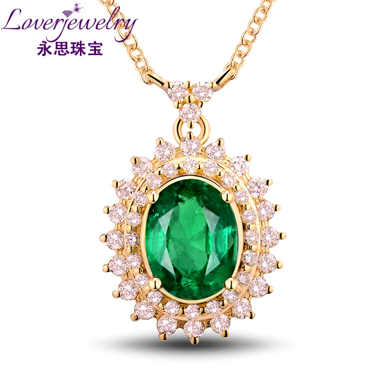 

LOVERJEWELRY Women Emerald Pendants Solid 18Kt Yellow Gold Dianmonds Natural Zambia Emerald Gemstone Pendant Necklace Jewellery