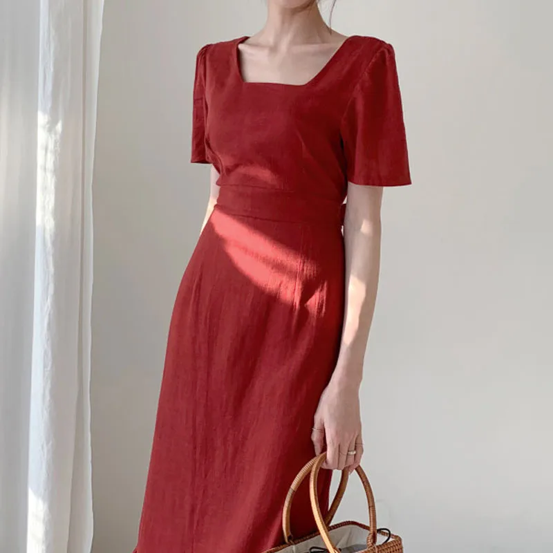 Elegant V-Neck Slim Waist Dress Cotton Linen Dress Summer Dress Female Vintage Loose Office Lady Long Korean Dresses 2020