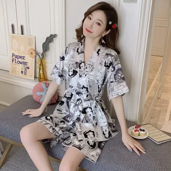 

2020 Hot Summer Silk Satin Shorts Kimono Pajama Set for Women Short Sleeve V-neck Pyjama Sleepwear Homewear Pijama Mujer Clothes