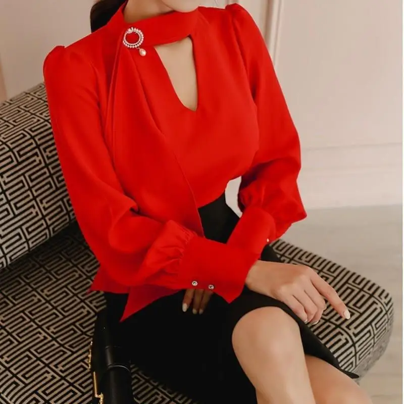 

Korean Elegant Red Blouse Solid Women Shirt Nice Fall Bow Tie Ribbon Long Lantern Sleeve Casual Work Shirt