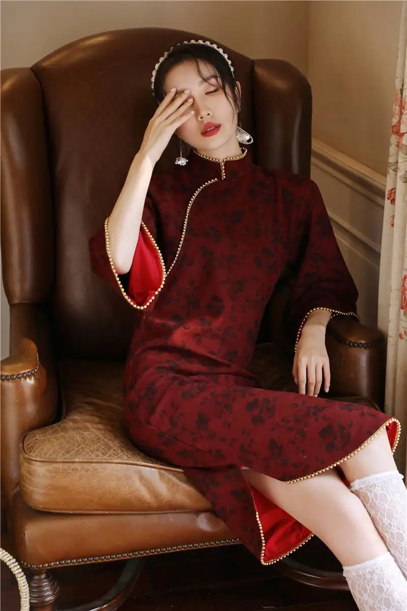 Chinese style dress red printing qipao qiu dong modified dress of the republic of China