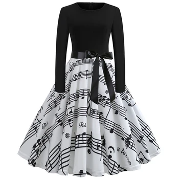 

Music Note Print Elegant Party Dress Women 50s 60s Retro Vintage Robe Rockabilly Dresses Plus Size Casual Winter Midi Dresses