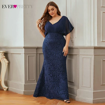 

Mother Of The Bride Dresses Women Ever Pretty Navy Blue Elegant Mermaid V Neck Flare Sleeve Long Lace Evening Dress Plus Size