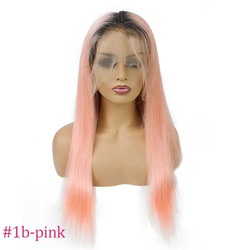 Бразильские Remy прямые волосы цвет полный кружева человеческие волосы парики с детскими волосами 1"-24" омбре полный парик шнурка - Цвет: 1b-pink