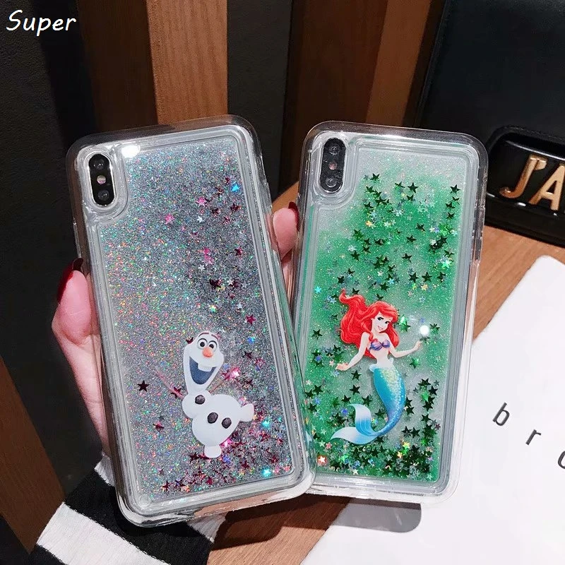 

Cute Cartoon Minnie Stitch snowman Water Liquid case for iPhone 5 6 6s 7 8 plus x xs max xr Mermaid Quicksand Cover Fundas