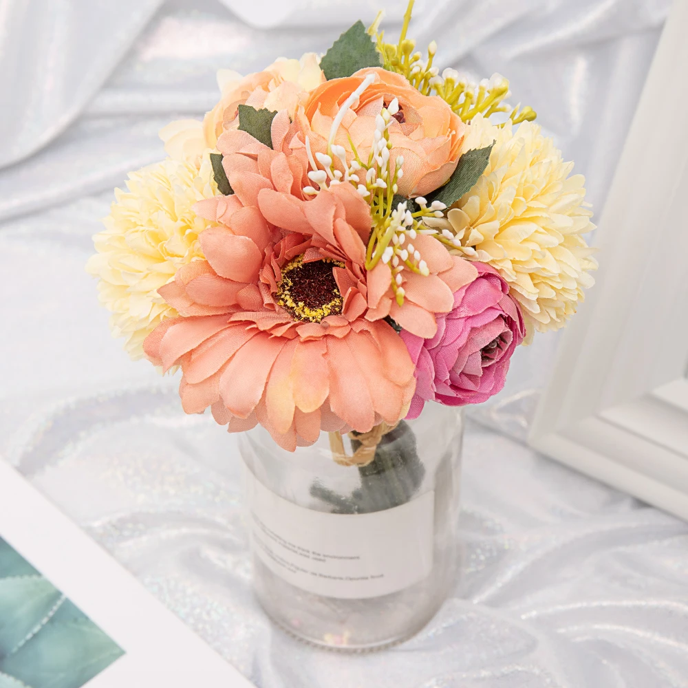 6 шт. шелковые розы, искусственные цветы Букет подсолнухов гортензии невесты для свадьбы украшения дома гортензии ромашки поддельные цветы