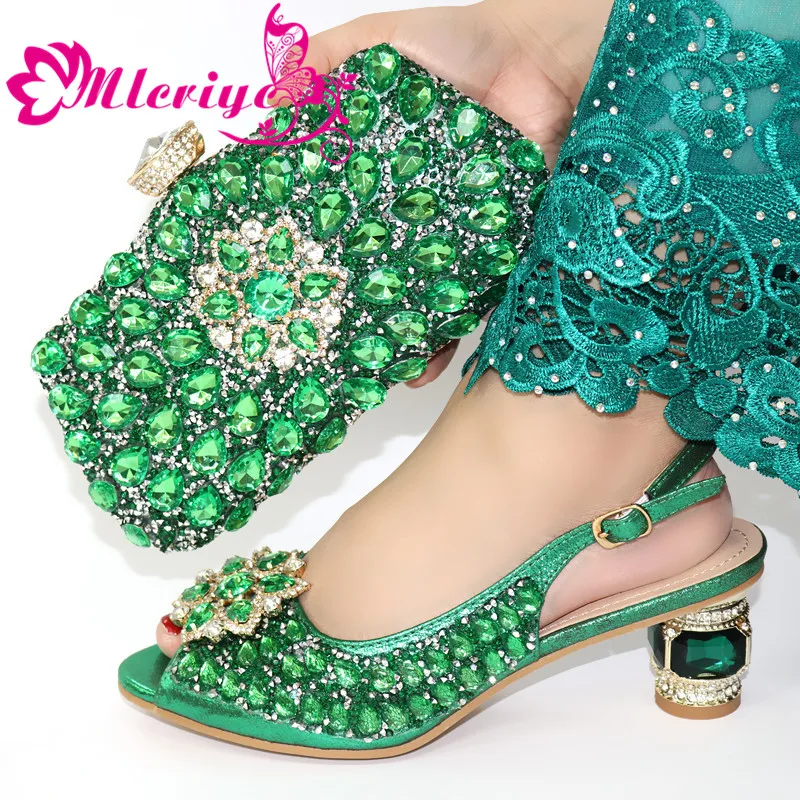 

Women African Italian Shoes and Bag Sets Green Women Shoes and Bag Set In Italy Matching Shoes and Bag Set heels with Stone