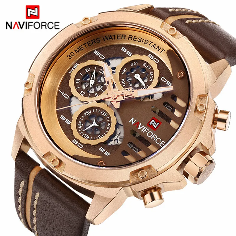 NAVIFORCE мужские часы модные повседневные кварцевые роскошные часы день и Дата дисплей наручные часы кожа Водонепроницаемый Relogio Masculino