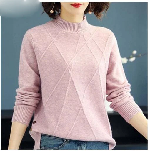 Розовый Beautiful Pink Turtleneck Sweater Women Autumn Winter Long Sleeve Pullover Sweater Female Knitted Tops Jumper Ladies - Цвет: Розовый