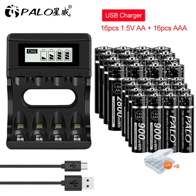 PALO 1.5V AA Li-ion Rechargeable Batteries+1.5v AAA Li-ion Rechargeable Batteries with LCD Smart 1.5V Lithium Battery Charger 16AA16AAA charger