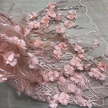 

(5yards/pc) High quality African French net lace fabric graceful 3D flowers appliqued tulle lace with sequins for dress FJY217