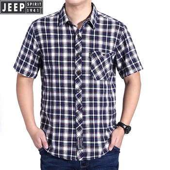 

JEEP SPIRIT New Arrival Summer Shirt Men Casual Plaid Short Sleeve Pure Cotton Sweat Shirt Male Plus Size M-4XL Military Shirt