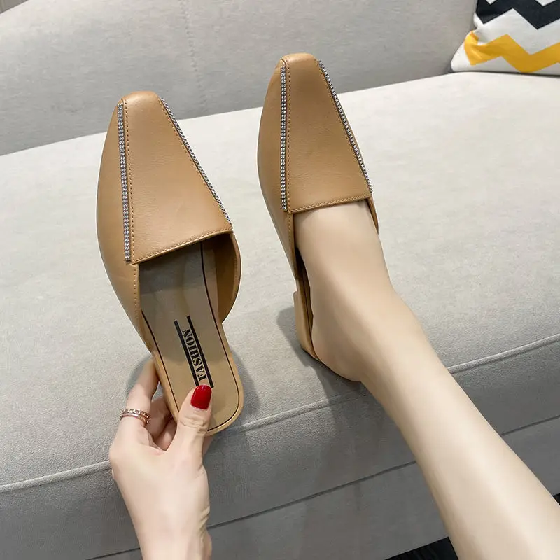 Women Low Cool Slippers Pointed Toe Flats Bottom Fashion Summer Drag Sandals Woman's Baotou Slippers Lazy Casual Mules Shoes