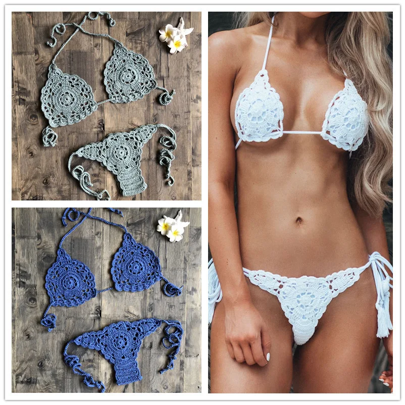 CROCHET BIKINI Sexy Set Women Crochet Swimsuit Solid Bikini Backless Swimwear Low Waist Bathing Suit Female Brazilian Bikini