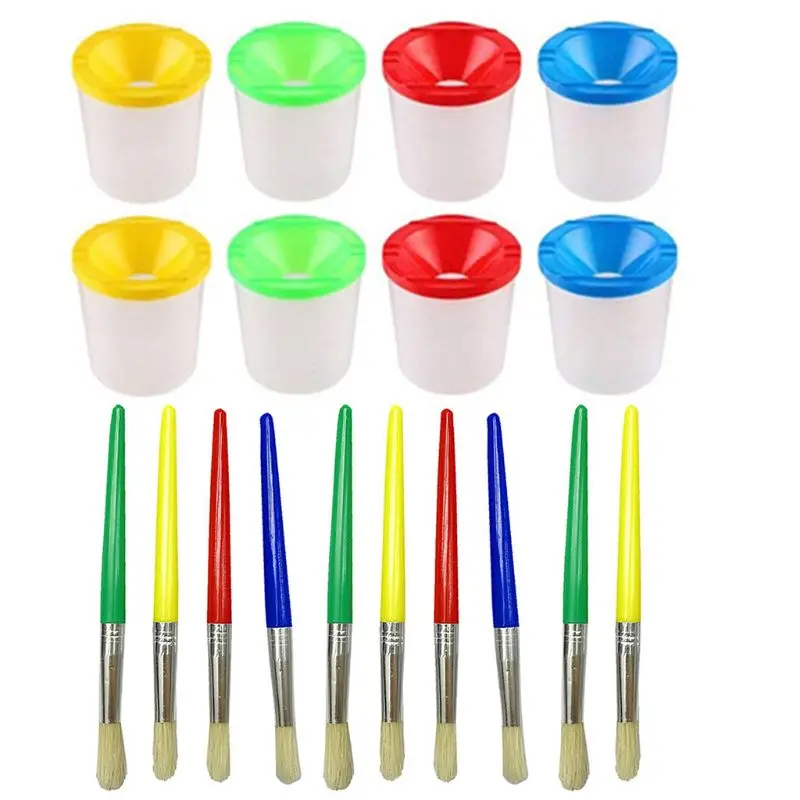 

10 Pcs Paint Brushes with 8 Pieces Assorted No Spill Paint Cups for Watercolor