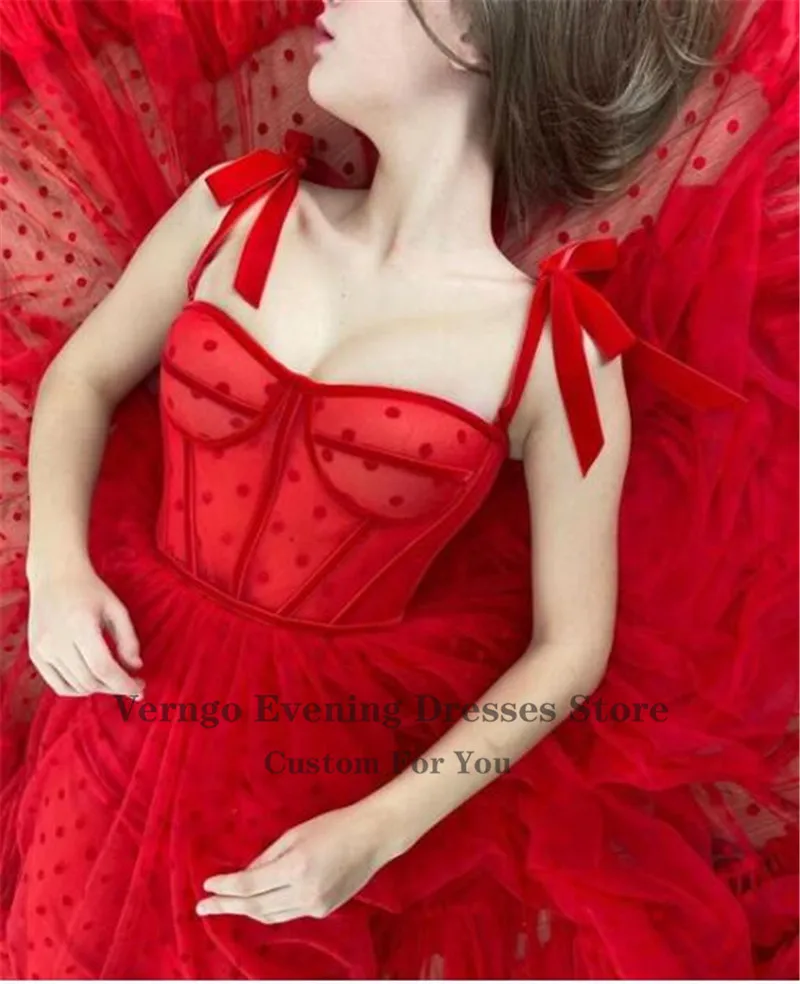 Verngo Red Polka Dots Tulle A Line Evening Dress Spaghetti Straps Tied Bow Shoulder Tea Length Party Graduation Prom Dress