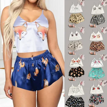 

2020 Cartoon Pajamas for Woman Silk Sexy Pijamas Girls Sleepwear Satin Home Suit Summer Pyjama Femme V Neck Sets Woman Dropship