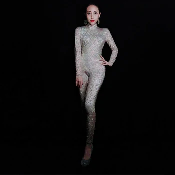 

Women Silver Rhinestones Stretch Skinny Jumpsuit Birthday Celebrate Prom Outfit Female Singer Stage Performance wear DT1987