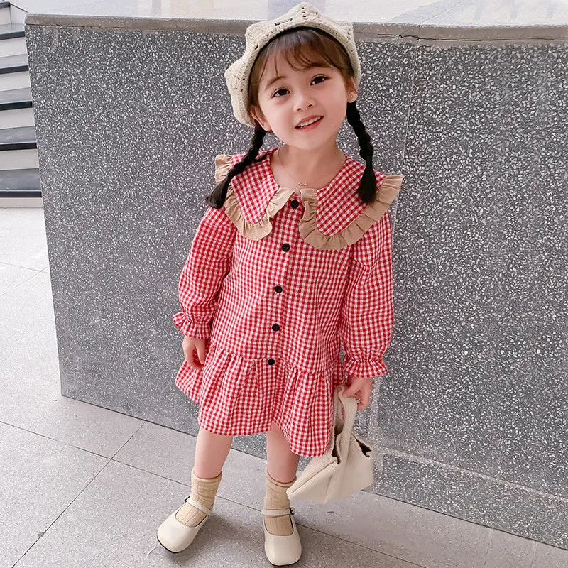 

2019 Autumn New Arrival Girls Long Sleeve Plaid Dress Kids Turn Down Collar Dresses Princess Dress