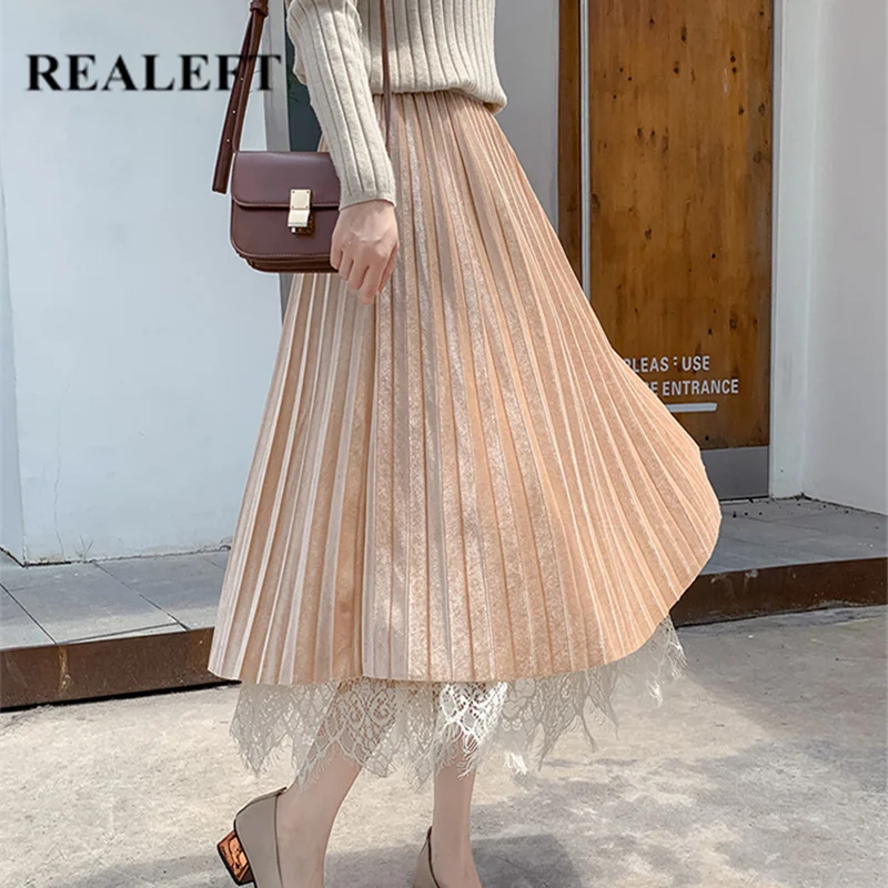 REALEFT Для женщин элегантные, кружевные, лоскутные сетчатые бархатные длинные плиссированные юбки Высокая талия Harajuku Расклешенная юбка из тюля с женский осень-зима